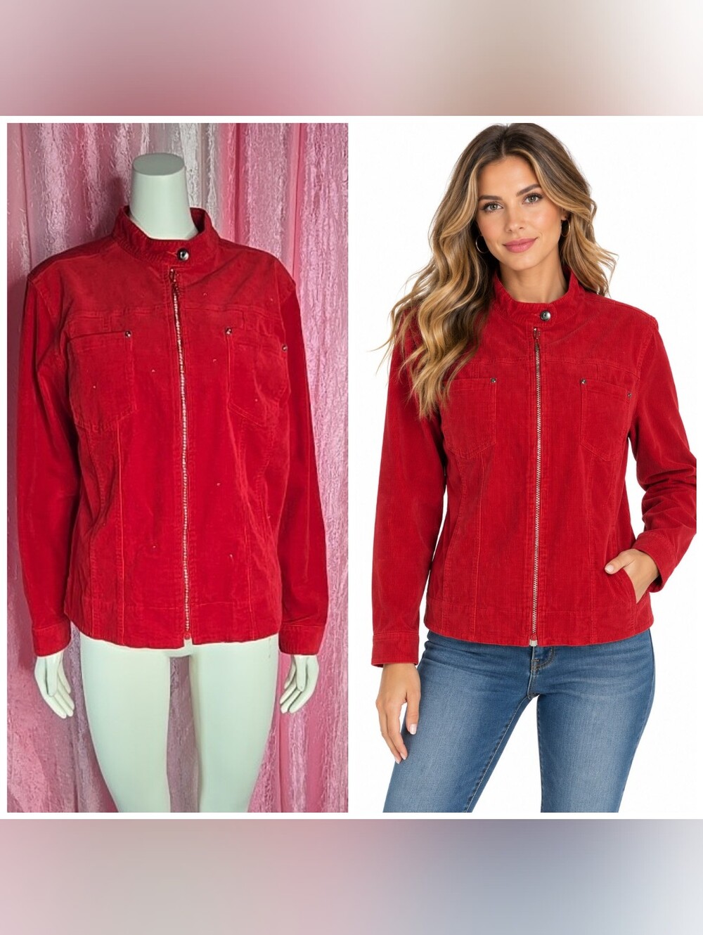 Quacker Factory Red Rhinestone Corduroy Zip Up Cotton Jacket Size Medium